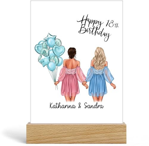 Kiddle-Design Glasbild Geburtstag Personalisiert | Mit Namen und Alter | Geburtstag Frau Mädchen | Acrylglas Glückwunschkarte zum 18. 20. 30. Geburtstag, Acrylglas inkl. Holzfuß
