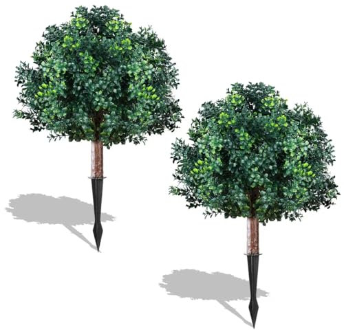 Artificial Boxwood Ball Tree with Ground Spikes, 24 Inch UV Resistant Simulated Greenery Shrub, Easy to Install, Fake Outdoor Plants for Porches, Gardens, Patios, Indoor and Outdoor Decor (2 Packs)