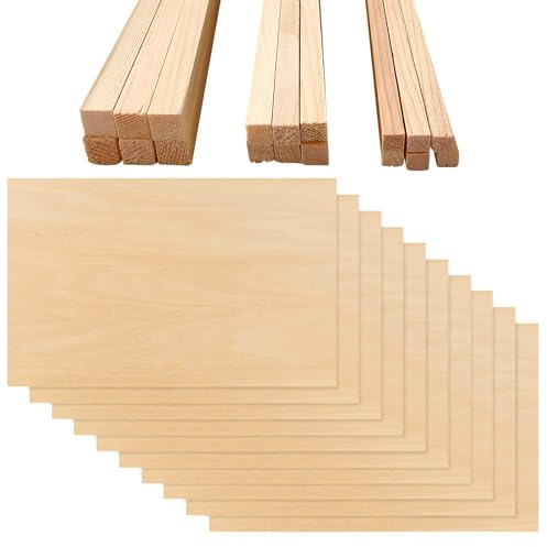 VEGCOO 10 Pack 200x100x2mm Balsa Wood Sheets, 30 Pieces Balsa Wood Sticks 5mm/6mm/10mm, Basswood Sheets, Thin BalsaWood Board for Model Making, DIY Crafts, Woodcraft