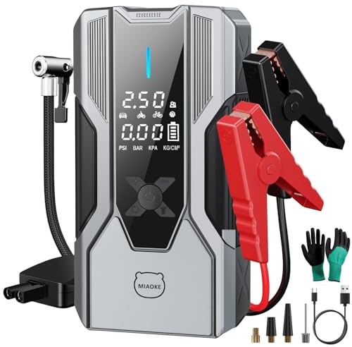 MIAOKE 8000A Starthilfe-Powerpack, Auto-Starthilfe, 150 PSI-Luftkompressor, Passendes Düsenset, Smart Point-Blumenclip, Aufblasbarer Schlauch,12-V-Batterieladegerät (Orange)