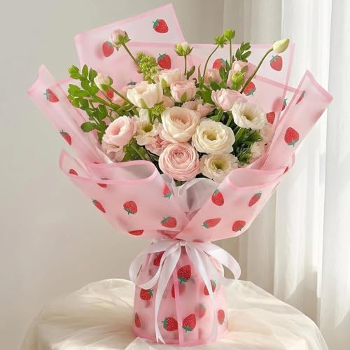 14 Stück Mattes Weiß und Rosa Papier für Blumenstrauß, Blumen Papier Verpackung mit Erdbeermuster TUIOLUI Blumen Geschenkpapier Pink Wasserdicht Papierblumen - 58x58 cm