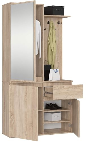 AKORD Garderoben-Set ENTRO Schwarz 95 cm - Kompaktgarderobe Schmaler Flur - 3 Türen, 1 Schublade - 7 Regalböden - Flurgarderoben Set Modern - Flur Möbel Set, Industrial Stil - Sonoma-Eiche