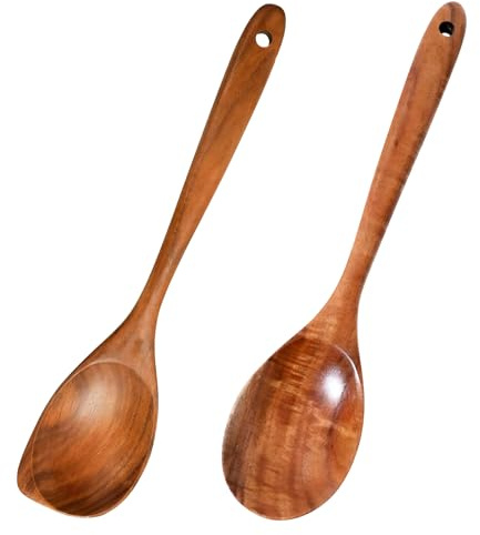 Kochlöffel Holz 2 Stück Naturholz Küchenutensilien für Antihaft‑Töpfe | Ergonomischer Holzlöffel, gut geeignet zum Braten, Rühren und Kochen in Tontöpfen sowie Pfannen