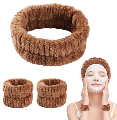 Bighan Spa Stirnband Damen mit Wasch Armbänder Haarband, Waschband Frauen Gesicht, Frottiertuch Makeup Haarbänder Elastic, Elastisches Stirnband für Dusche Hautpflege Sport - Braun