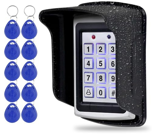 Fredorlokk 125kHz RFID Access Control System Kit, Metal Keypad Proximity Reader with Weatherproof Rain Cover, 10 Blue RFID Key Fobs, 1000 Users Capacity, for Garage Office Home Door Entry, WG26 Output