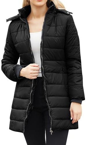 Generisch Veste en duvet légèrement pliable, veste de transition avec capuche amovible, veste de sport mi-longue, veste matelassée fine pour femme grandes tailles, veste d’hiver matelassée, veste de