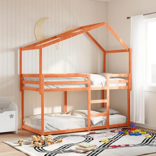 QJBSAVVA Etagenbett mit Dach Wachsbraun 80x200 cm aus Massivkiefer Platzsparendes Jugendbett Kojenbett Modernes Design für Kinderzimmer und kleine Räume