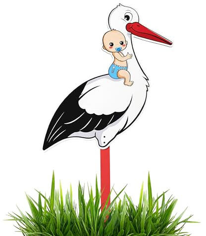 Klapperstorch 88 cm | Geburtsstorch inkl. Holzstab | Storch Geburt für Draussen & Drinnen | Geburtsgeschenk (boy)