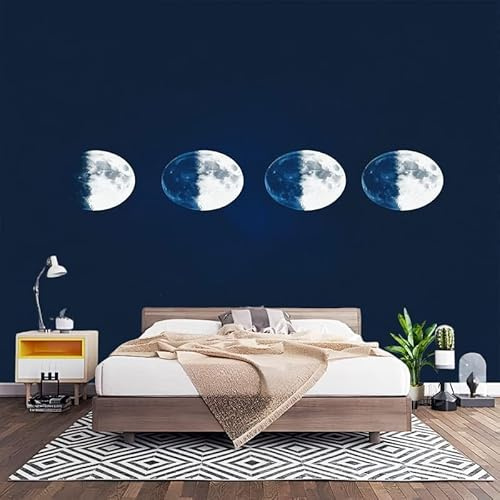 Papel Pintado Panorámico Fotomurales Grabado de Las Fases Lunares 450x315 cm, Murales de Pared Decoración Póster in Tejido No Tejido Azul Oscuro Personalizado 3D Para Salón Dormitorio Oficina