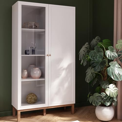 Forte PENKRIDGE Highboardvitrine 100, Landhaus Vitrine mit 2 Türen, Glas, Wohnzimmer, Esszimmer, Secret Grey mit Schlammeiche Holzdekor, 99,9 cm breit x 184,6 cm hoch x 41,7 cm tief