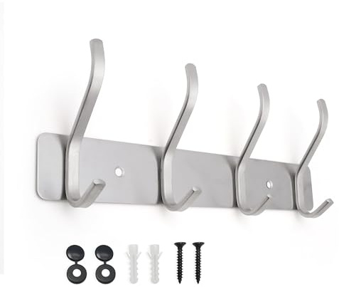 AJLTPA Garderobenleiste aus silbernem Edelstahl, Wandgarderobe mit 4 Doppelhaken, 25 cm Hakenleiste zur Wandmontage, Kleiderhaken und Garderobenhaken für Flur, Bad, Küche und Schlafzimmer