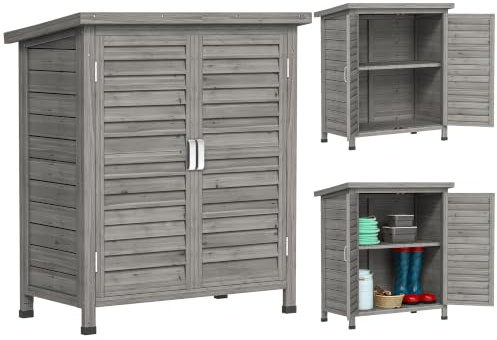 Outsunny Armadio da Giardino in Legno di Abete 87x46.5x96.5cm Grigio | Casetta Attrezzi Giardino con Porte a Persiana, Tetto Inclinato Asfalto, 2 Ripiani, Capanno Porta Attrezzi per Esterno