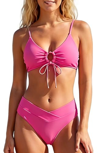 JTSONN Maillot de Bain Femme 2 Pieces Ensembles Bikini Sexy Col V Push Up Élégant Beachwear Été sans Armatures Taille Croisé Maillot de Plage avec Rembourrage