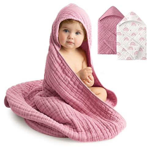 FIEMOL Baby-Badetücher aus 100% Baumwoll-Musselin, Kapuzenhandtücher für Neugeborene, 2er-Pack für Babys, Kleinkinder und Kinder, 83 x 83 cm, Unisex-Badeartikel, Weich und Saugfähig Rosa Regenbogen