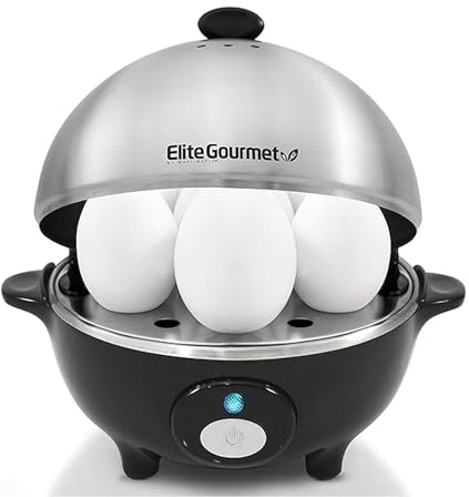 Elite Gourmet EGC-508 Rapid Egg Cooker, 7 Easy-To-Peel, Hard, Medium, Soft Boiled Eggs, Poacher, Omelet Maker, Auto Shut-Off, Alarm, 16-Recipe Booklet, Stainless Steel