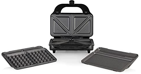 Tower T27020 3-in-1 Deep Fill Sandwich Maker with Interchangeable Waffle Plates, Stainless Steel, Silver/Black