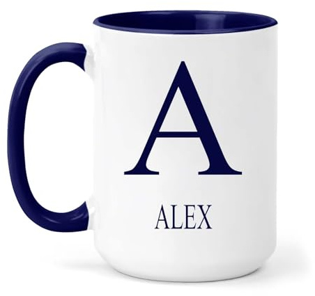 grabmybits Alex Personalized Initial Mug - Custom Name Ceramic Cup for Tea or Coffee Gift - Navy