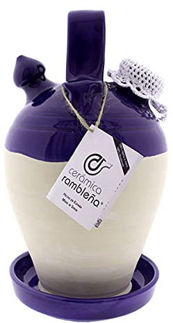 CERÁMICA RAMBLEÑA | Botijo de Barro Tradicional Filo Azul de La Rambla (Córdoba) | 100% Hecho a Mano | 4 litros | Eco | Accesorios INCLUIDOS