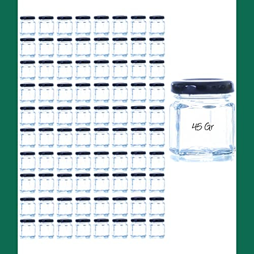 Tarro cristal Frasco cristal 45 gr Hexagonal, frasco Mermelada, Tarro miel, frascos Cosmética frascos Pequeños Frascos con Tapa Hermética (80 Und)