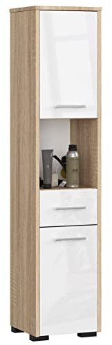 AKORD Badezimmer-Hochschrank schränke | Badezimmer kommode |2D1SZ1WN, B30 x H140 x T30 cm, Gewicht 25 kg | 2 Ablagen mit Türen (je Oben und unten) | 1 Schublade, 1 offenes Fach | als Hängeschrank