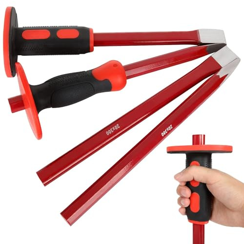 RHBLME 4PCS Masonry Chisel with Hand Protection, 12 Inch Heavy Duty Chisel Set - 2 PCS Flat Head Chisel & 2 PCS Pointed Head Chisel - Used for Concrete Stone Demolishing Carving Splitting Breaking