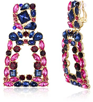 EVER FAITH Rectangle Clip-on Drop Earrings for Women, Sparkly Rhinestone Crystal Geometric Statement Non Pierced Earrings Blue w/Fuchsia