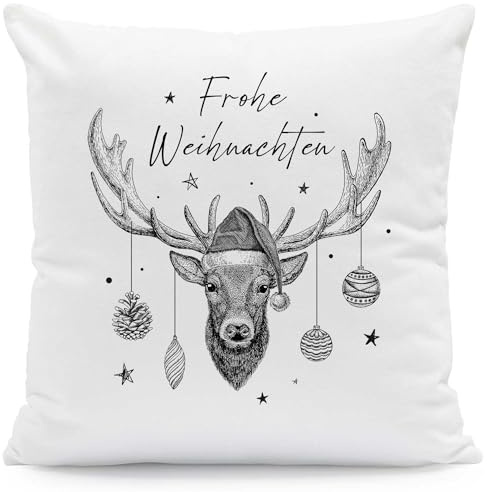 GRAVURZEILE Kissen mit Weihnachtsmotiv - Frohe Weihnachten Hirsch - Weihnachtsdeko - Geschenke für Frauen und Männer - Zur Weihnachtszeit zum Wichteln und als Geschenk für Sie & Ihn - Mit Füllung