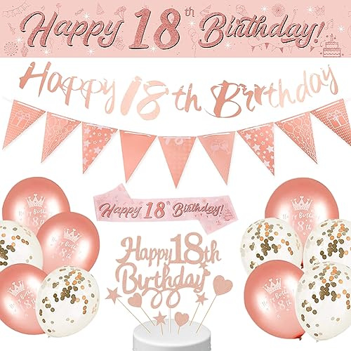18th Birthday Decorations for Girls Her Rose Gold Pink Banner & Balloons | Cake Topper, Triangle Flags, Balloons