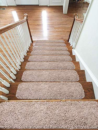 emmahome Soft Shaggy Carpet Stair Treads/Mats/Rugs NON-SLIP MACHINE WASHABLE, 30mm Thickness, 20x55cm (13pc in Box, Beige)