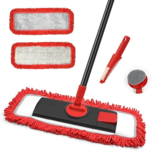 JEHONN Mopa Fregona Plana, Trapeador Mopas de Limpieza Suelos con 2 Almohadilla de Microfibra para Laminado, Teja, Suelo de Madera (Rojo)