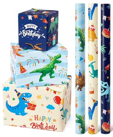 WERNNSAI Dinosaurier Geschenkpapier - 3 Rollen Dino Geburtstags Geschenkpapierrollen Kinder Jungen Kindergeburtstag Geschenkverpackung Deko Dino Geschenkpapier mit Schnittlinie 43 cm x 3 m Grün