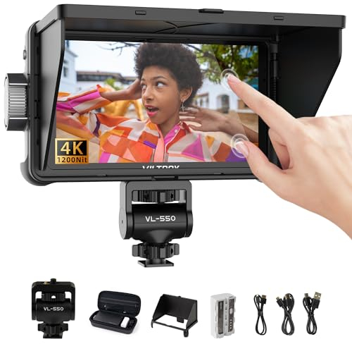 VILTROX DC-550 Touchscreen Kamera Field Monitor 5,5 Zoll 1200 Nits DSLR Camera Monitor 4K HDMI Eingang/Ausgang Full HD 1920x1080 IPS 3D-Lut Video Peaking Focus Assist mit Akku und Sonnenschutz haube