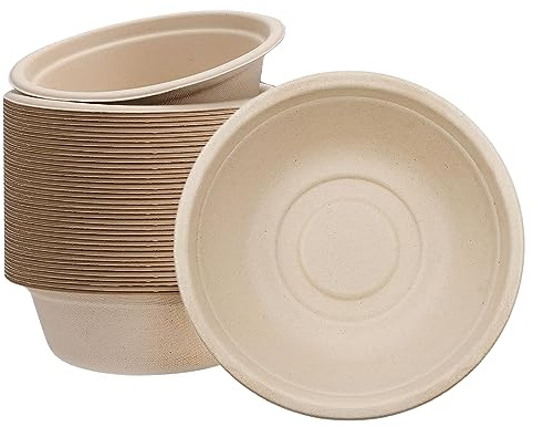 YAAVAAW 50Pcs Einweg Suppenschalen aus Zuckerrohr,Wärmespeicherung Suppenschüssel Einweg Klein Zuckerrohrschalen,Starke Papierschalen für Picknick,Geburtstag,Grillen und Party(Natur, 340 ml-50)