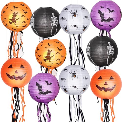 LPAOIS 10 Stück Halloween Laterne Papier Kürbis Papierlaterne Hängedeko Mit 10 Lichtern, Kürbis Märchenlampe, faltbar Fledermäuse Spinnen Geister Kürbisse Papierlaterne Halloween Party Dekoration