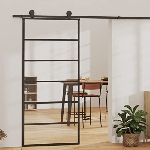 Homgoday Schiebetür mit Montageset aus ESG-Glas, Aluminium, 90 x 205 cm, Schiebetür für den Innenbereich, Schiebetüren innen und außen, 5 horizontale Stangen