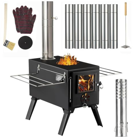 Hot Tent Stove,AVOFOREST Wood Burning Stove,Small Wood Stove with 7 Stainless Chimney Pipes for Outdoor Heating & Cooking, Ice Fishing, Hunting