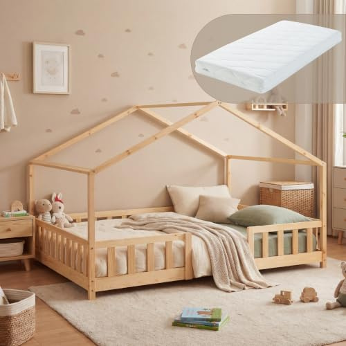 [en.casa] Lit d'enfant Cabane Treviolo 140 x 200 cm Lit Montessori en Forme de Maison avec Matelas Bois de Pin Naturel
