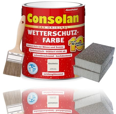 Consolan Kit de peinture de protection contre les intempéries - 2,5 l - Peinture pour bois - Protection durable - Couvrant avec accessoires (blanc galet)