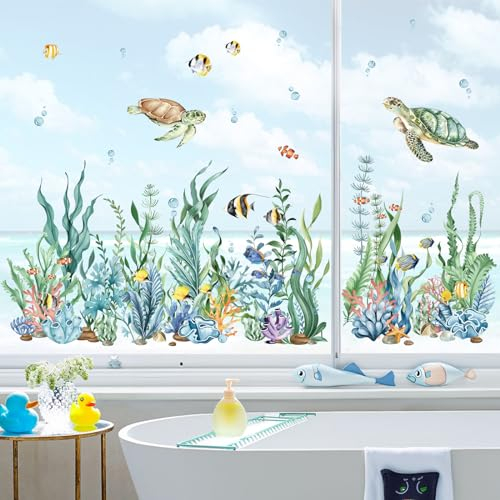 decalmile Fensteraufkleber Unterwasserwelt Seegras Fenster Sommer Abziehbilder Unter dem Meer Seetang Meeresschildkröten Fensterbilder Fisch Fenstersticker Badezimmer Glas Fensterdeko Aufkleber