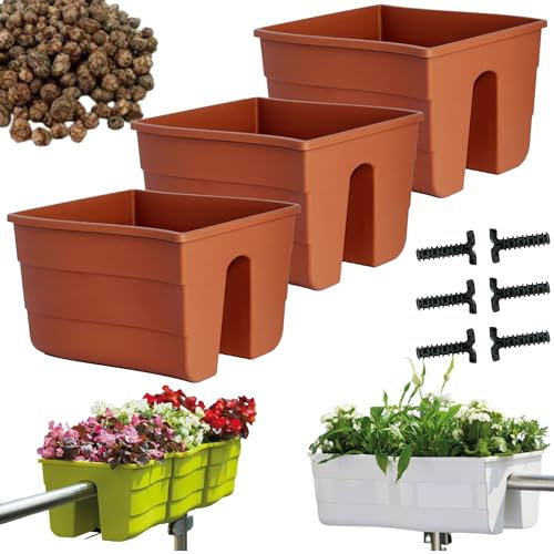 DIKEL 3X Geländerkasten - Balkonkasten mit Bewässerungssystem und Gummikappen für Wasserablauf | Übertopf für Balkon oder Garten| Pflanzentopf schützt Wurzeln und verhindert Staunässe | Terrakotta