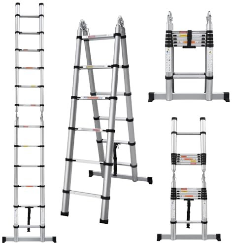 A Frame Aluminum Alloy Telescopic Ladder - 3.8M 2-IN-1 Multi-Purpose Roof & Step Ladder, Extendable, Folding, Portable & Sturdy (1.9M + 1.9M)