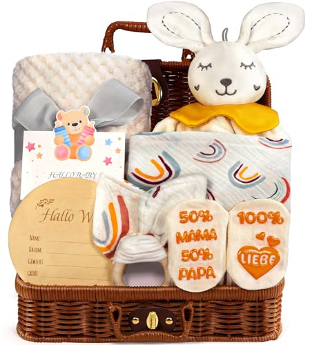 BABECTOY Baby Geschenkset, Neugeborenen Geschenk, Baby Geschenk Mädchen, Baby Geschenk Junge, 8 in 1 Set - mit Geschenkkorb, Decke, Lätzchen, Beruhigungstuch, Socken, Holz-Beißring, Meilensteinkarten