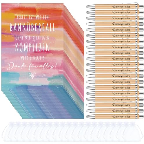 Tenare 20 Geschenksets für Kollegen Arbeit Ist Wie Ein Banküberfall Abschiedskarten Danke für Alles Kugelschreiber mit Gravur Organza Beutel Dankeschön Geschenke für Kollegin Büro Arbeit Abschied