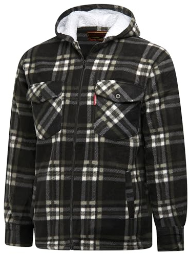 R G Clothing Mens Padded Shirts Lumberjack Hooded Flannel Check Jacket Thick Quilted Work Wear Warm Thermal Fleece Fur Lined Top Casual Coat Size M-5XL (UK, Alpha, XL, Regular, Regular, Black-Check)