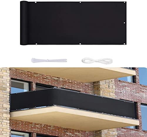 Balkon-Sichtschutz, 0,9 x 6 m, schwarz, wetterfest, mit Seil und Aluminiumösen, Outdoor-Sichtschutzlösung für Terrasse, Veranda, Deck, Hinterhof, Terrasse