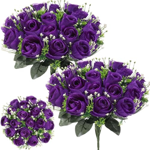 Riceshoot 2 Bouquets Cemetery Flowers for Grave Memorial 18 Heads Artificial Flowers Cemetery Day Silk Grave Faux Roses Arrangements for Mother's Day Headstones Tombstone Decor(Purple)