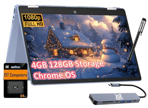 HP Chromebook X360 14b 2-in-1 Laptop (14 FHD Touchscreen, Intel N100, 4GB RAM, 128GB Storage (64GB eMMC + 64GB SD Card)) Home & Student, Long Battery Life, Wi-Fi 6, Webcam, IST Pen & HUB, Chrome OS