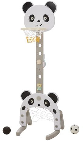 Warmiehomy Panda Basketball Hoop for Kids 4-in-1 Height Adjustable Basketball Hoop and Stand Indoor Child Football and Basketball Set Outdoor with Football Goal, Ring Toss,Story Player, Birthday Gift