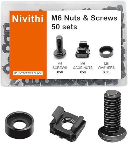 Nivithi 50x M6*20 Schrauben+Käfigmuttern Set für Netzwerkschrank–für Netzwerkschrank 19 Zoll/10 Zoll–Montagesatz für Servergehäuse und Patchpanel–Schwarz,aus schwarzem Zink–Stabil und langlebig