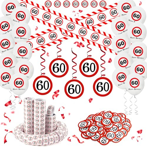 DazzJoy Deko 60 Geburtstag Mann Frau,60 Geburtstag Deko Set mit Absperrband 60. Geburtstage Deko, Luftballons, Luftschlangen, Konfetti,Spiralen Girlande,Verkehrsschild Geburtstagsdeko 60 Männer Frauen